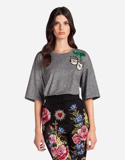 Shop Dolce & Gabbana Lurex T-shirt With Patch In Silver