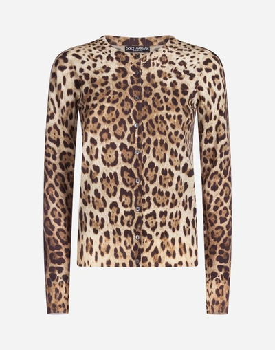 Shop Dolce & Gabbana Round Neck Cardigan In Leopard Print Wool In Leo Print