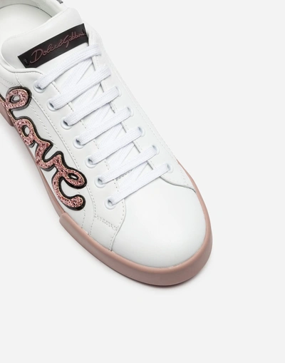 Shop Dolce & Gabbana Leather Portofino Sneakers With Patch In White