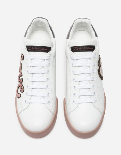 Shop Dolce & Gabbana Leather Portofino Sneakers With Patch In White