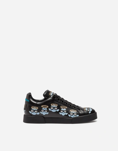 Shop Dolce & Gabbana Printed Portofino Leather Sneakers In Black