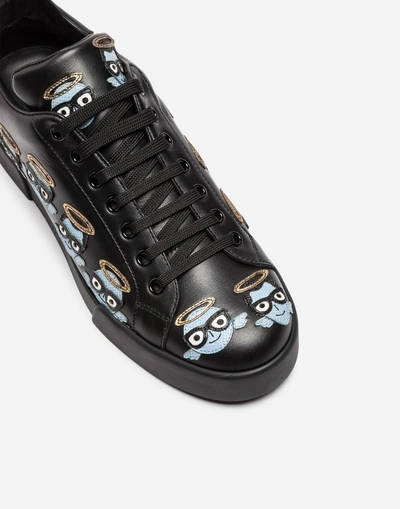 Shop Dolce & Gabbana Printed Portofino Leather Sneakers In Black
