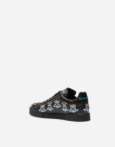 Shop Dolce & Gabbana Printed Portofino Leather Sneakers In Black