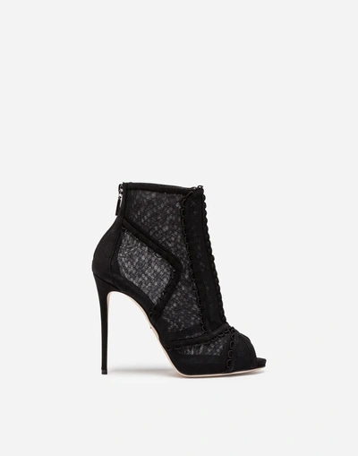 Shop Dolce & Gabbana Peep Toe Ankle Boots In Suede And Tulle In Black