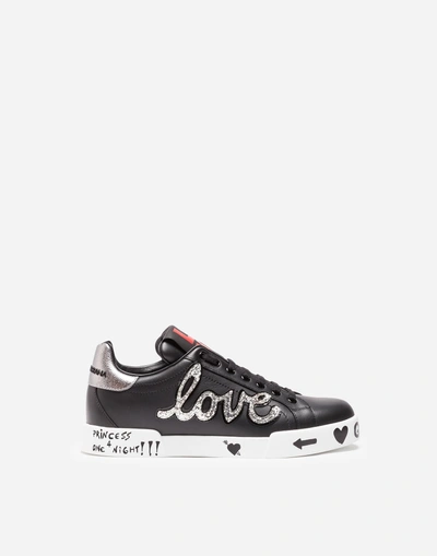 Shop Dolce & Gabbana Leather Portofino Sneakers With Patch In Black