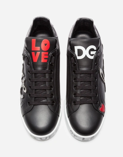 Shop Dolce & Gabbana Leather Portofino Sneakers With Patch In Black