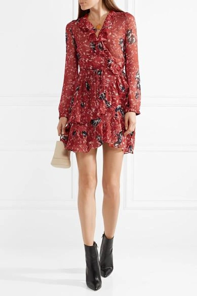 Shop Iro Vilia Ruffled Printed Chiffon Wrap Mini Dress In Red