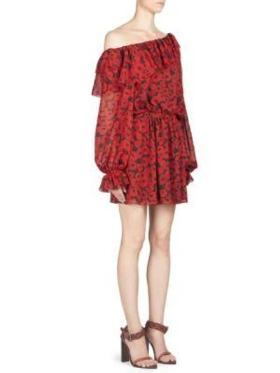 Shop Saint Laurent Poppy Off-the-shoulder Silk Dress In Red Black