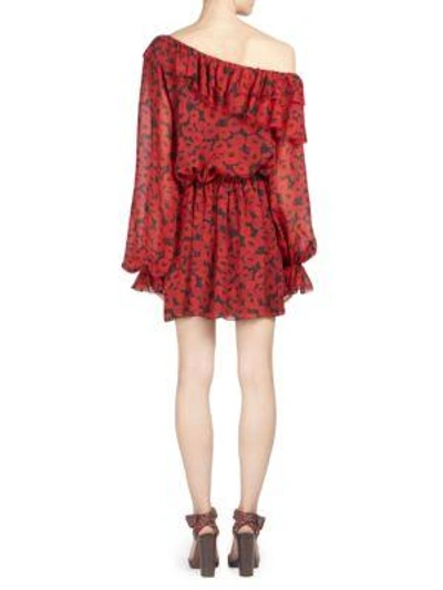 Shop Saint Laurent Poppy Off-the-shoulder Silk Dress In Red Black