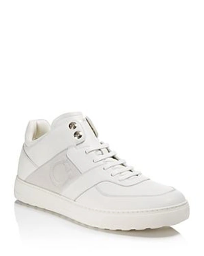Shop Ferragamo Men's Cliff Leather Mid Top Sneakers In White