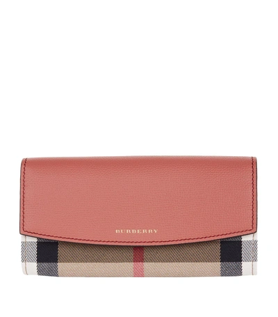 Shop Burberry House Check Leather Continental Wallet In Red