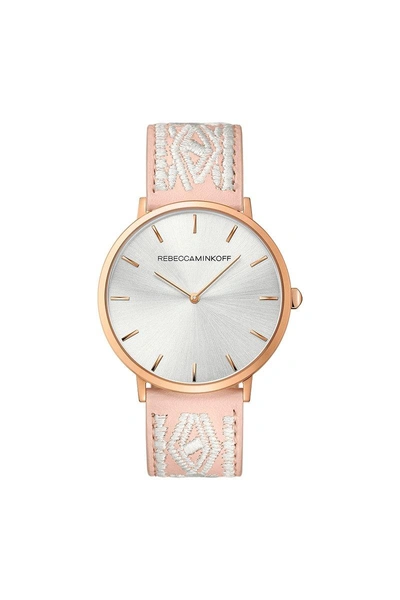 Shop Rebecca Minkoff Major Rose Gold Tone Stitched Leather Watch, 40mm In Silver