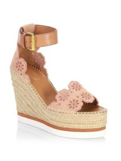 Shop See By Chloé Floral Laser-cut Suede Platform Espadrille Wedge Sandals In Beige Rose