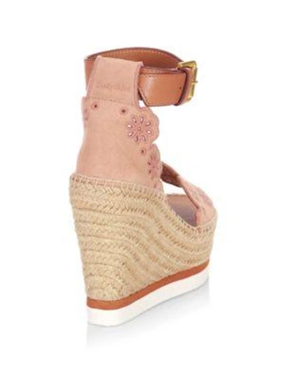 Shop See By Chloé Floral Laser-cut Suede Platform Espadrille Wedge Sandals In Beige Rose