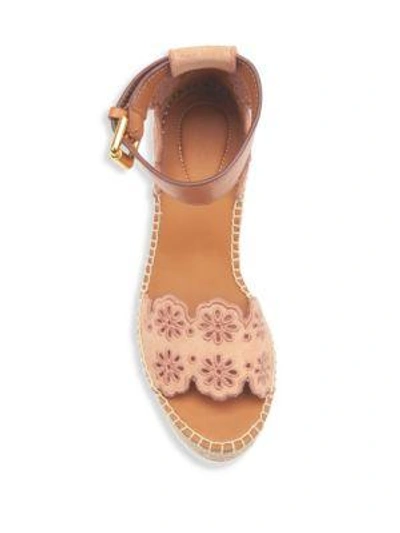 Shop See By Chloé Floral Laser-cut Suede Platform Espadrille Wedge Sandals In Beige Rose