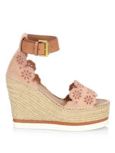 Shop See By Chloé Floral Laser-cut Suede Platform Espadrille Wedge Sandals In Beige Rose