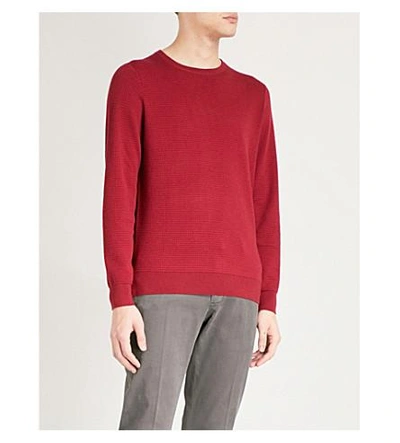 Shop Emporio Armani Squared-knit Wool-blend Sweater In Burgundy