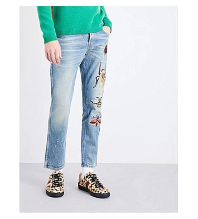 Shop Gucci Insect-embroidered Regular-fit Straight Jeans In Blue