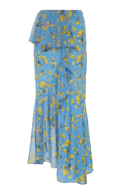 Shop Goen J Floral Printed Asymmetric Ruffled Skirt In Blue