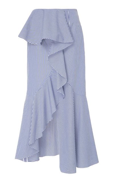 Shop Goen J Asymmetric Ruffled Stripe Midi Skirt In Blue