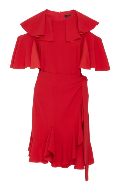 Shop Goen J Ruffle-trimmed Cold Shoulder Wrap Dress In Red