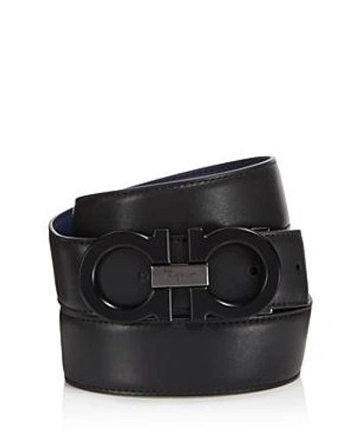 Shop Ferragamo Men's Double Gancini Reversible Leather Belt In Black/blue Marine