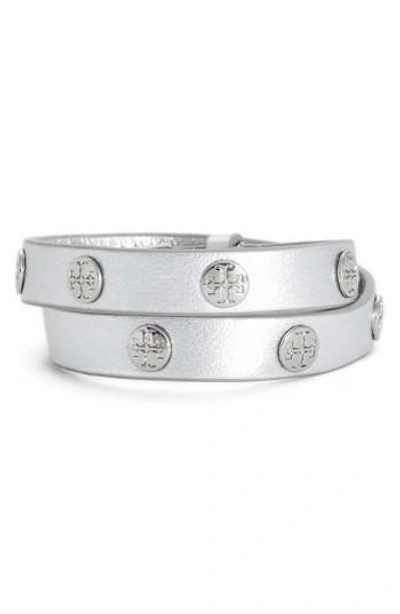 Shop Tory Burch Double Wrap Logo Bracelet In Silver