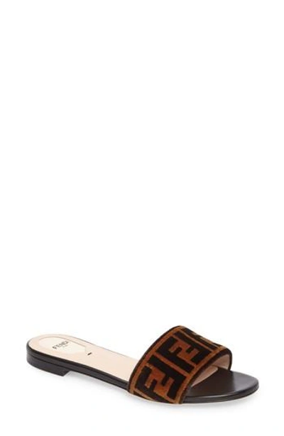 Shop Fendi Logo Slide Sandal In Tobacco