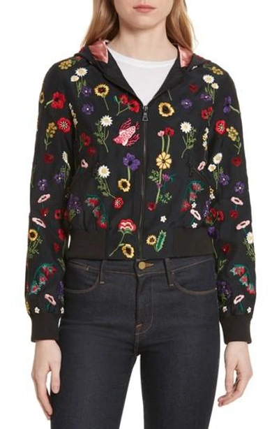 Shop Alice And Olivia Lonnie Embroidered Hooded Silk Bomber Jacket In Black/ Multi