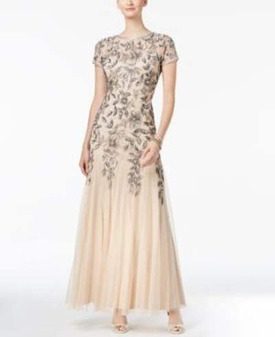 Shop Adrianna Papell Floral-beaded Gown In Lead