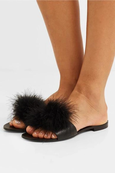 Shop Le Petit Trou Jacqueline Feather-trimmed Leather Slippers In Black