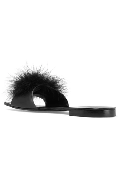 Shop Le Petit Trou Jacqueline Feather-trimmed Leather Slippers In Black
