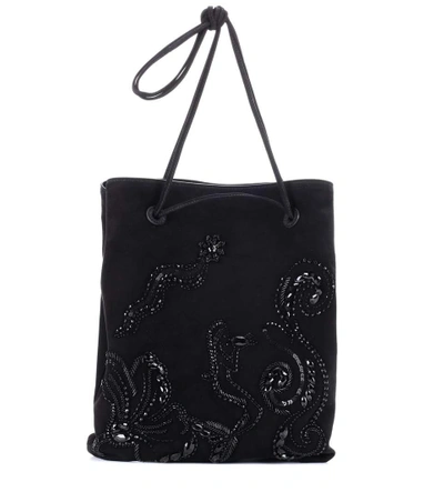 Shop Prada Embellished Suede Tote In Black