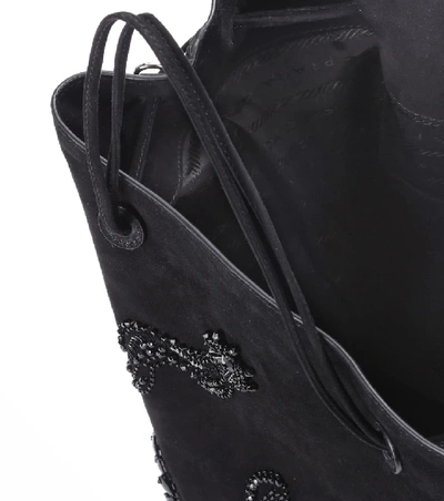 Shop Prada Embellished Suede Tote In Black