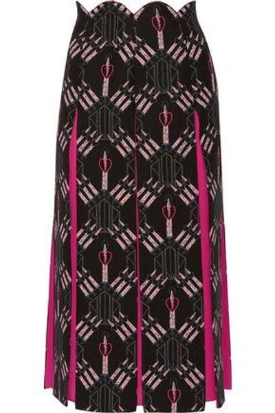 Shop Valentino Crepe-paneled Printed Wool And Silk-blend Midi Skirt In Black