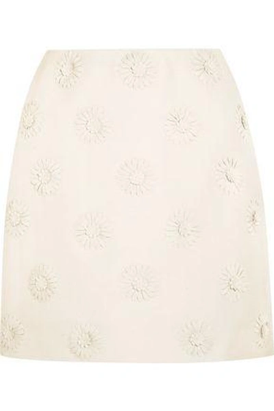 Shop Valentino Woman Floral-appliquéd Wool And Silk-blend Crepe Mini Skirt Ivory