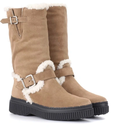 Shop Tod's Fur-lined Suede Boots In Beige