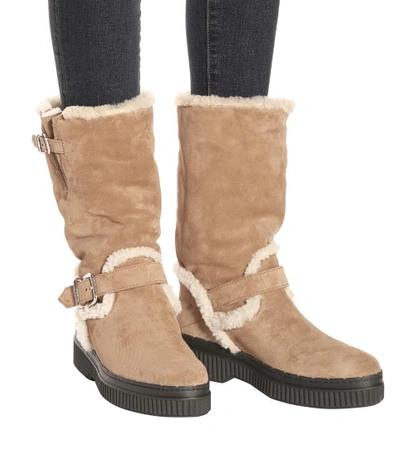 Shop Tod's Fur-lined Suede Boots In Beige