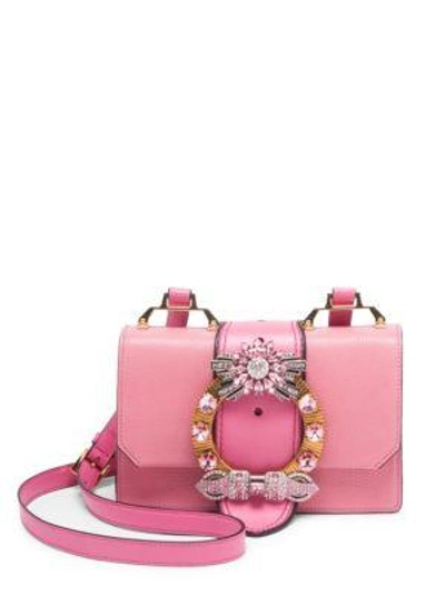 Shop Miu Miu Crystal-embellished Madras Leather Shoulder Bag In Rosa