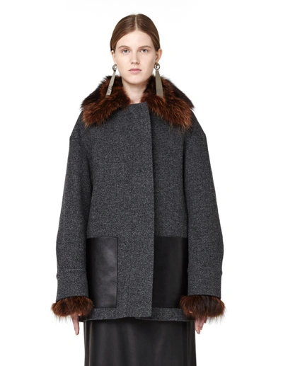 Shop Marni Wool Peacoat With Fur Collar In Grey