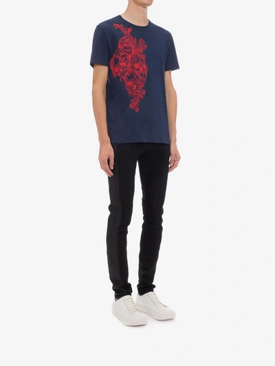 Shop Alexander Mcqueen Skull Embroidered T-shirt In Denim