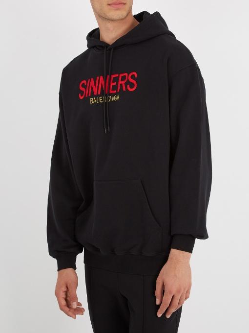 Balenciaga Sinners-embroidered Hooded Cotton Sweatshirt In 1000 - Noir ...