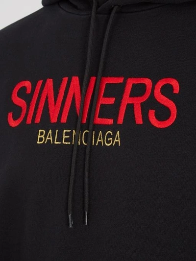 Balenciaga Sinners-embroidered Hooded Cotton Sweatshirt In Black | ModeSens