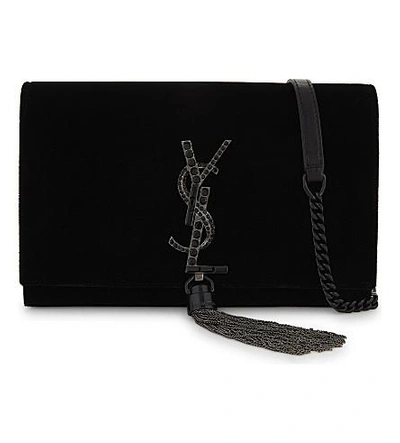 Shop Saint Laurent Kate Velvet Tassel Clutch Bag In Black