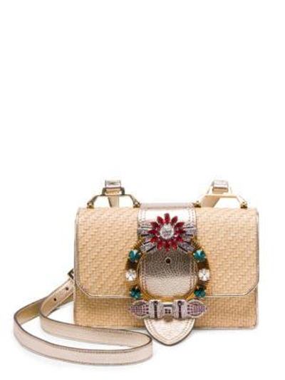 Shop Miu Miu Women's Embellished Straw And Leather Crossbody Bag In Natural