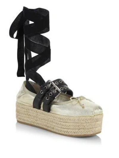 Shop Miu Miu Leather Ankle-wrap Platform Espadrilles In Gold Black