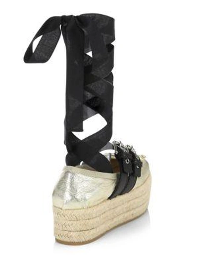 Shop Miu Miu Leather Ankle-wrap Platform Espadrilles In Gold Black