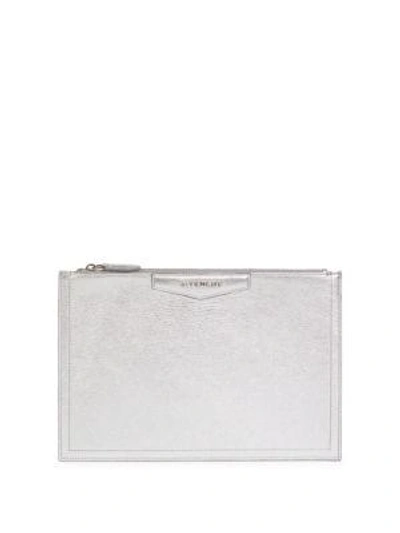 Shop Givenchy Antigona Leather Pouch In Silver