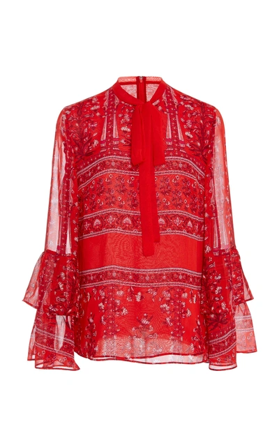 Shop Giambattista Valli Printed Pussy-bow Silk-chiffon Blouse In Red