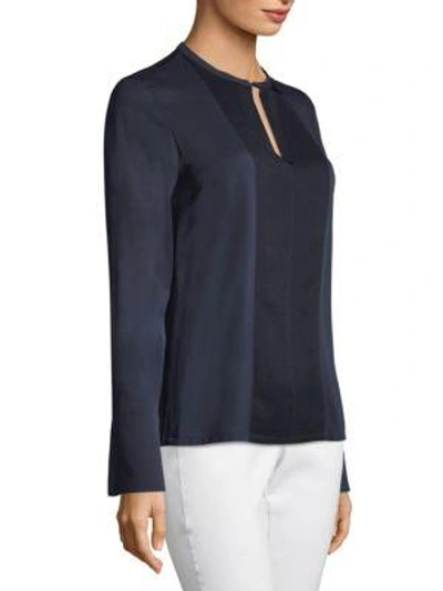 Shop Giorgio Armani Silk-blend Keyhole Blouse In Navy